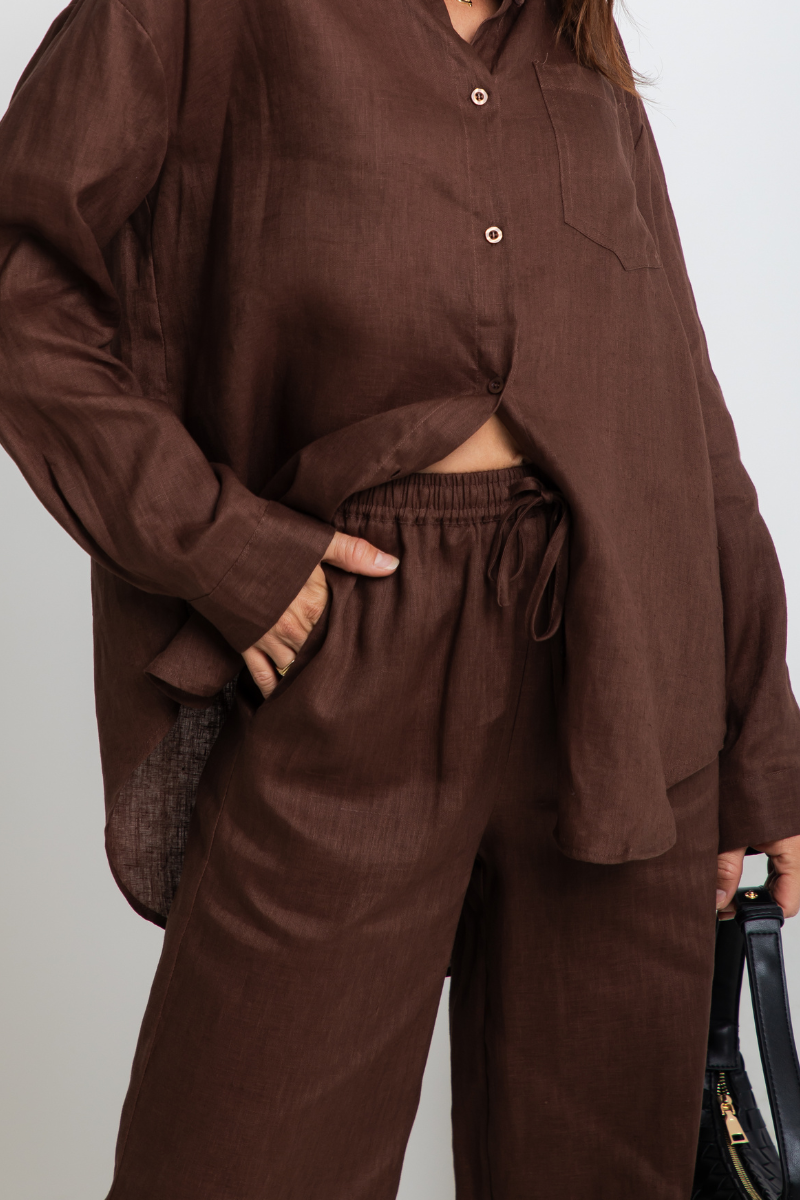 Tahlia Straight-Leg Linen Pants - Chocolate