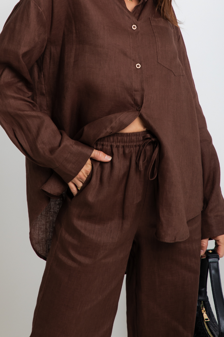 Tahlia Straight-Leg Linen Pants - Chocolate