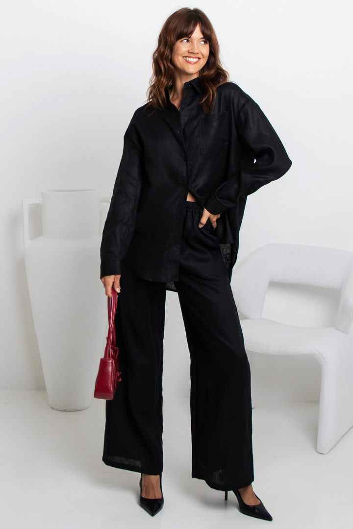 Tahlia Straight-Leg Linen Pants - Black