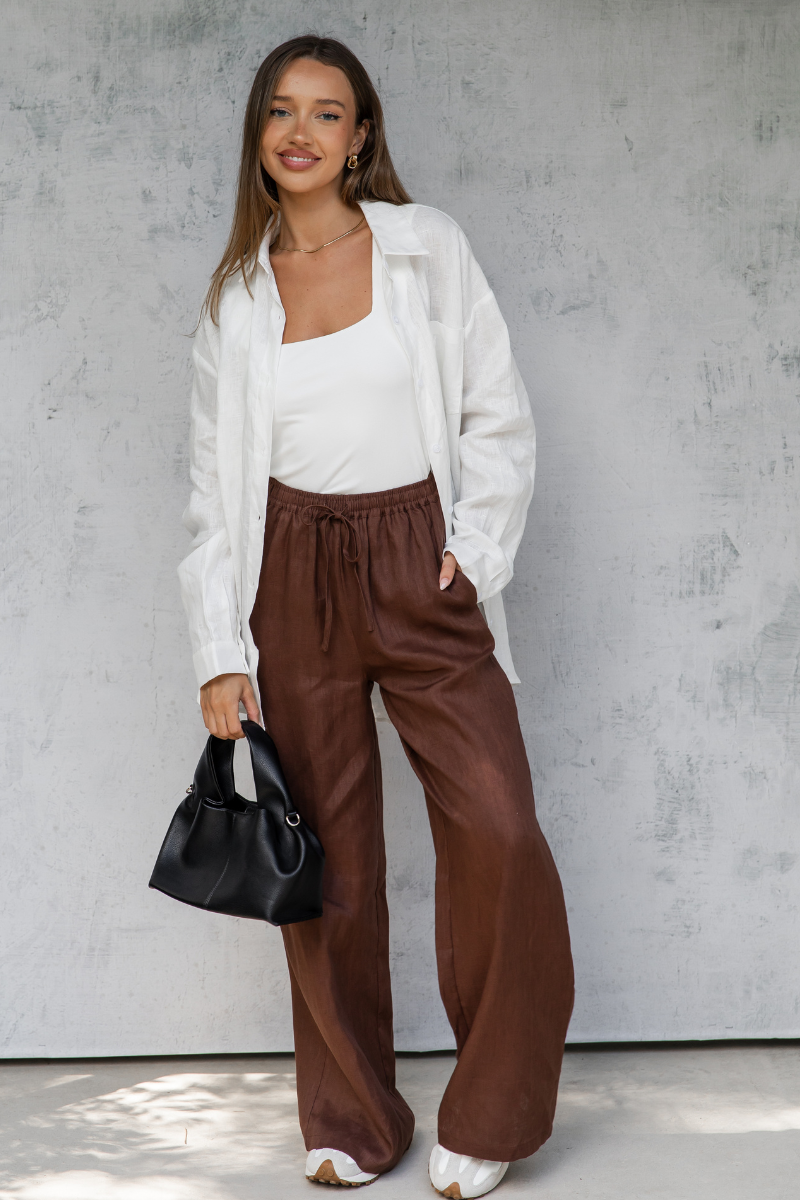 Tahlia Straight-Leg Linen Pants - Chocolate