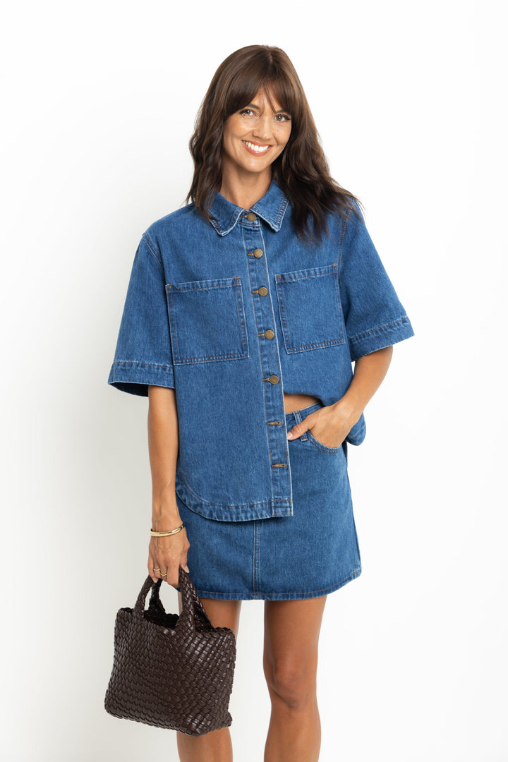 Dylan Denim Mini Skirt - Mid Blue Wash - The Self Styler Exclusive