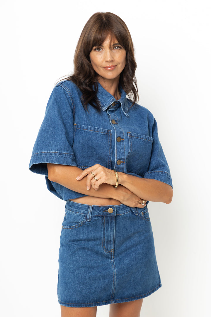 Dylan Denim Mini Skirt - Mid Blue Wash - The Self Styler Exclusive