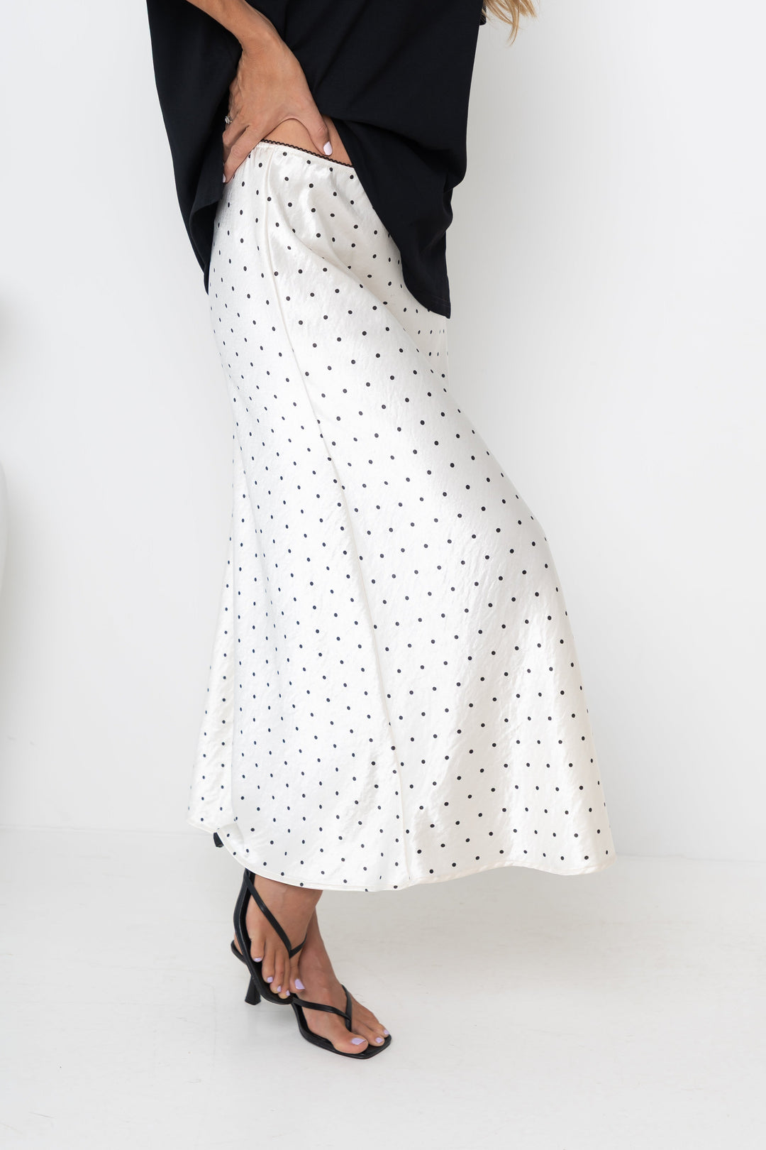 Vienna Satin Midi Skirt - Ivory / Black Polka Dots