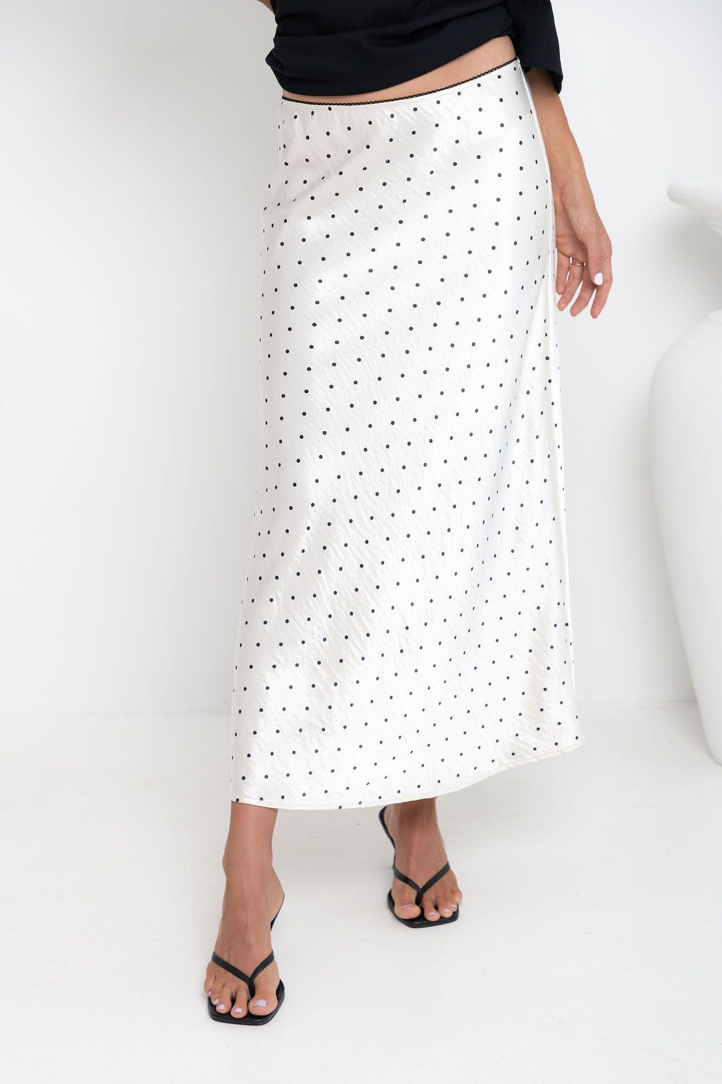 Vienna Satin Midi Skirt - Ivory / Black Polka Dots