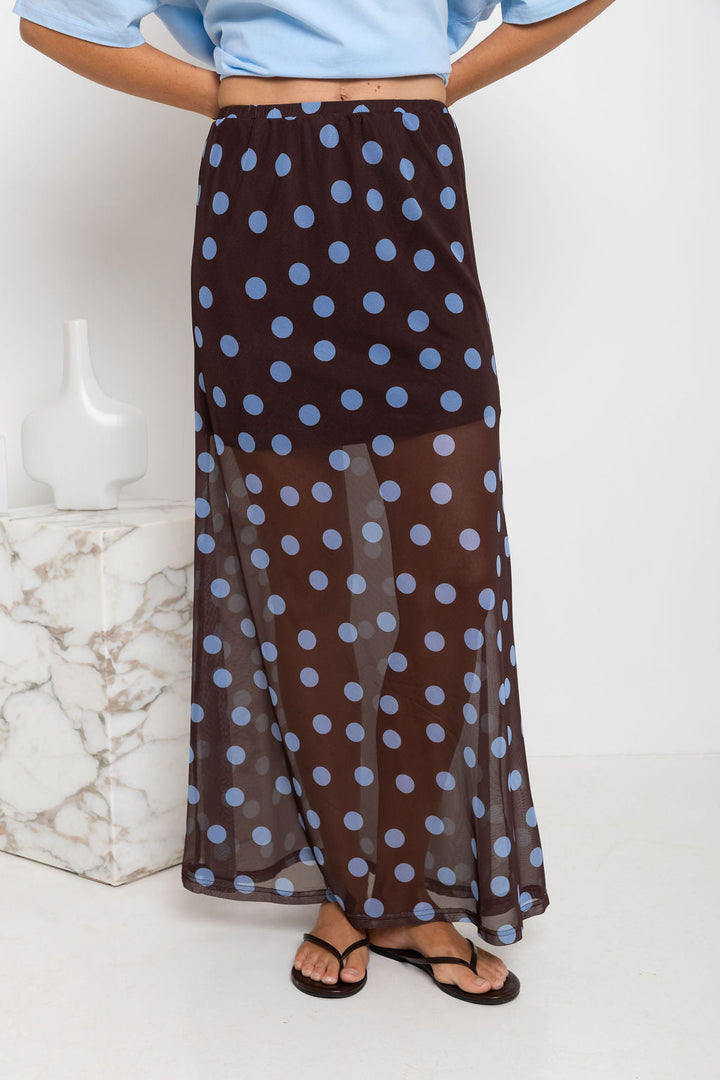 Evie Polka Dot Maxi Skirt - Choc and Blue