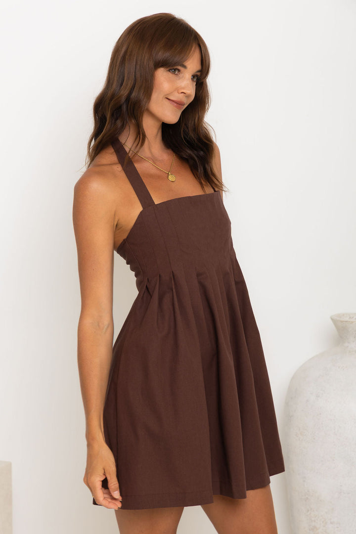 Tatum Pleated Halter Mini Dress - Choc