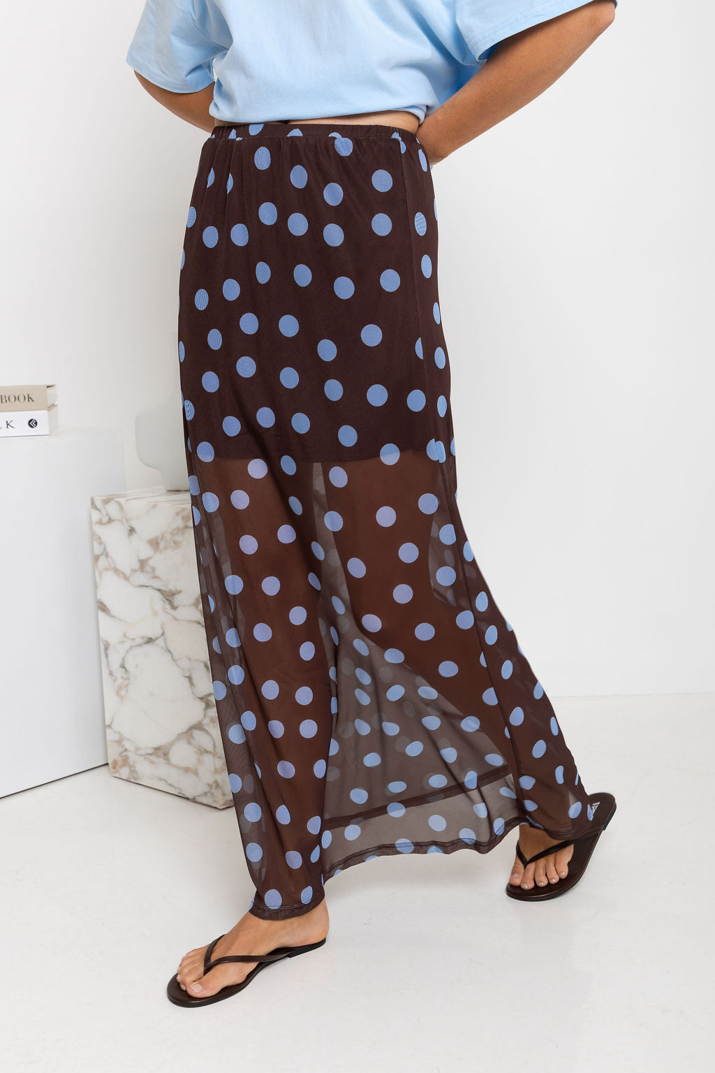 Evie Polka Dot Maxi Skirt - Choc and Blue