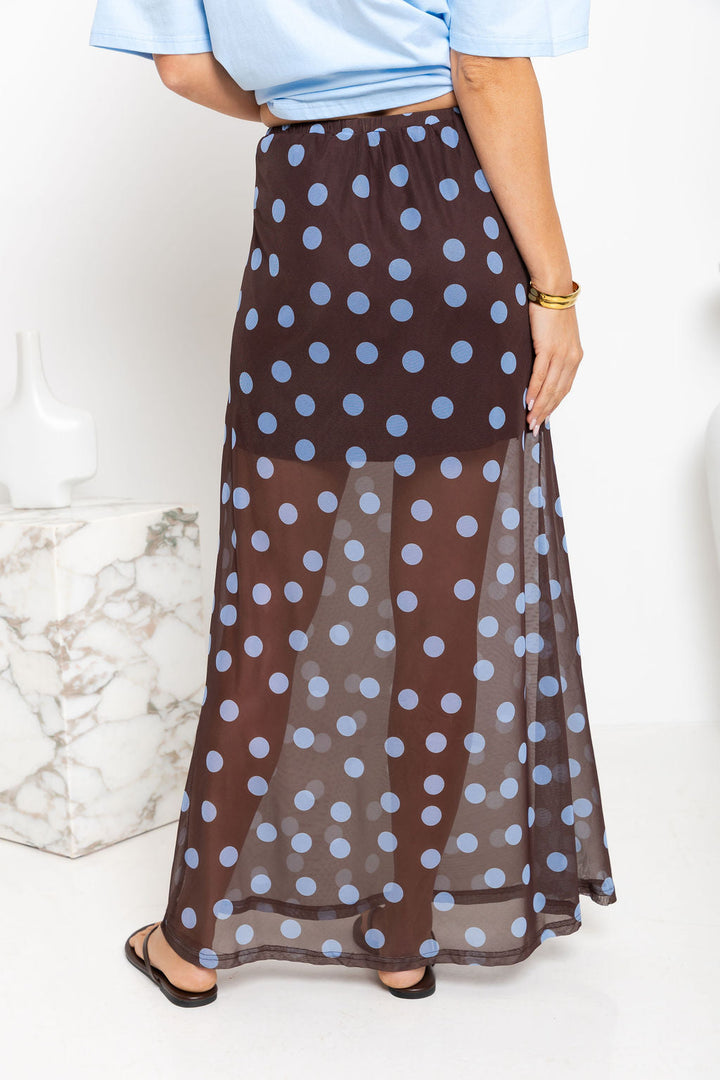 Evie Polka Dot Maxi Skirt - Choc and Blue