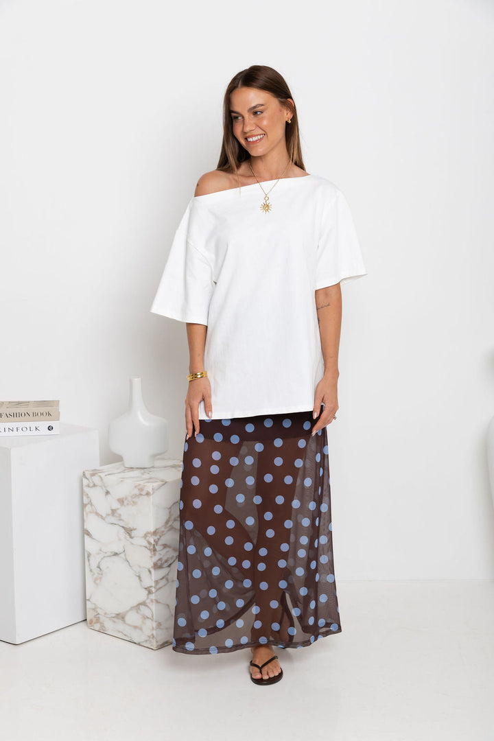 Evie Polka Dot Maxi Skirt - Choc and Blue