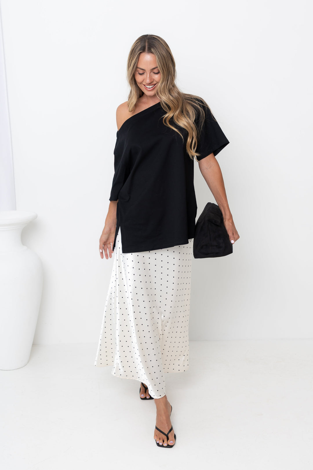 Vienna Satin Midi Skirt - Ivory / Black Polka Dots