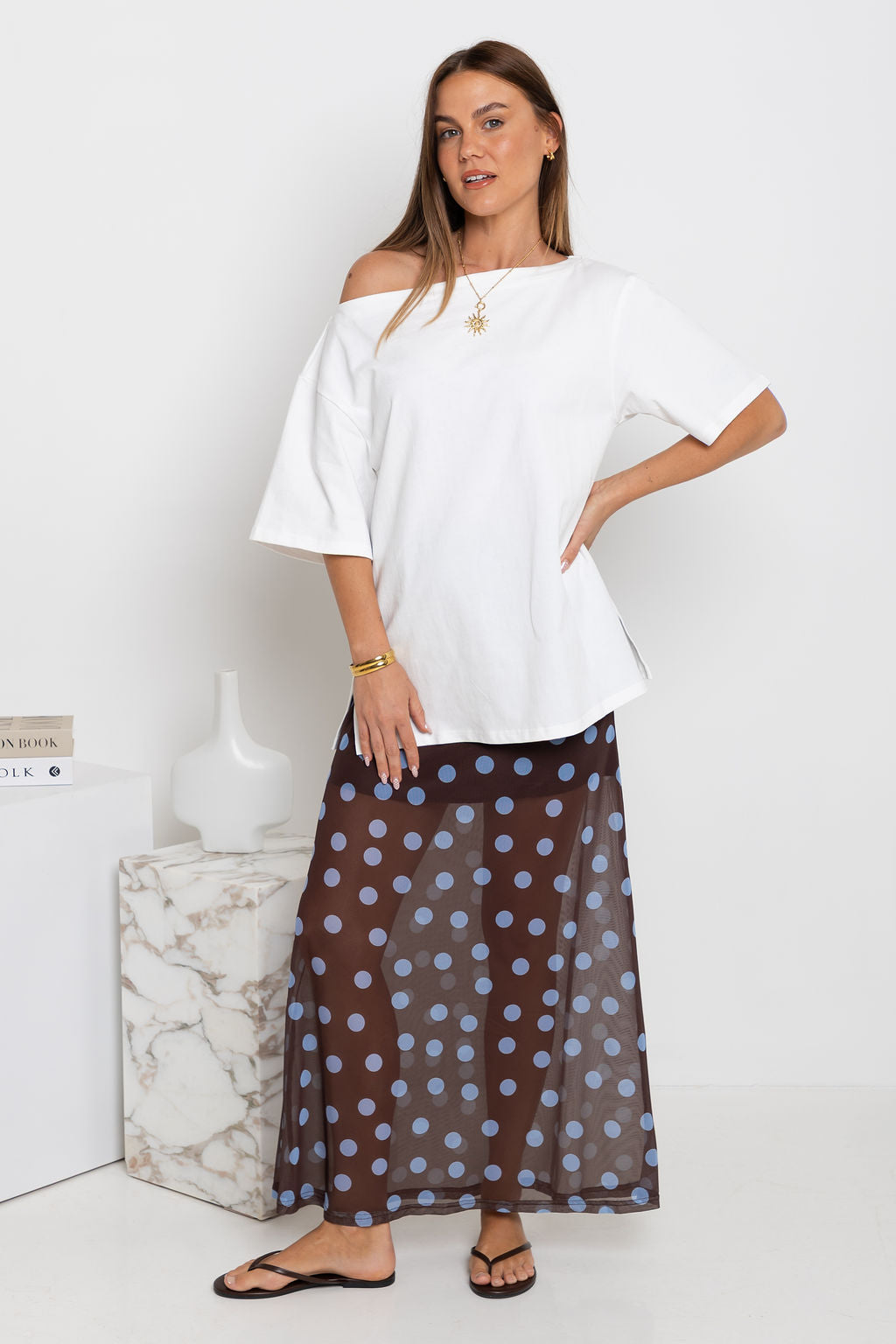 Evie Polka Dot Maxi Skirt - Choc and Blue