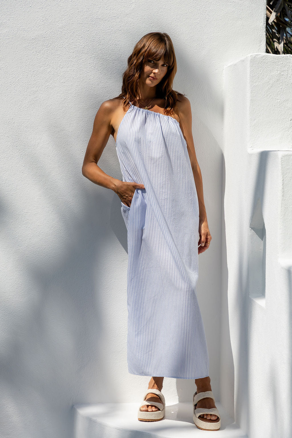Clara One-Shoulder Maxi Dress - White and Blue Stripe