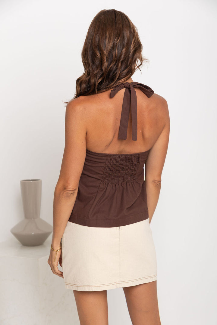 Camilla Pleated Halter Top - Chocolate