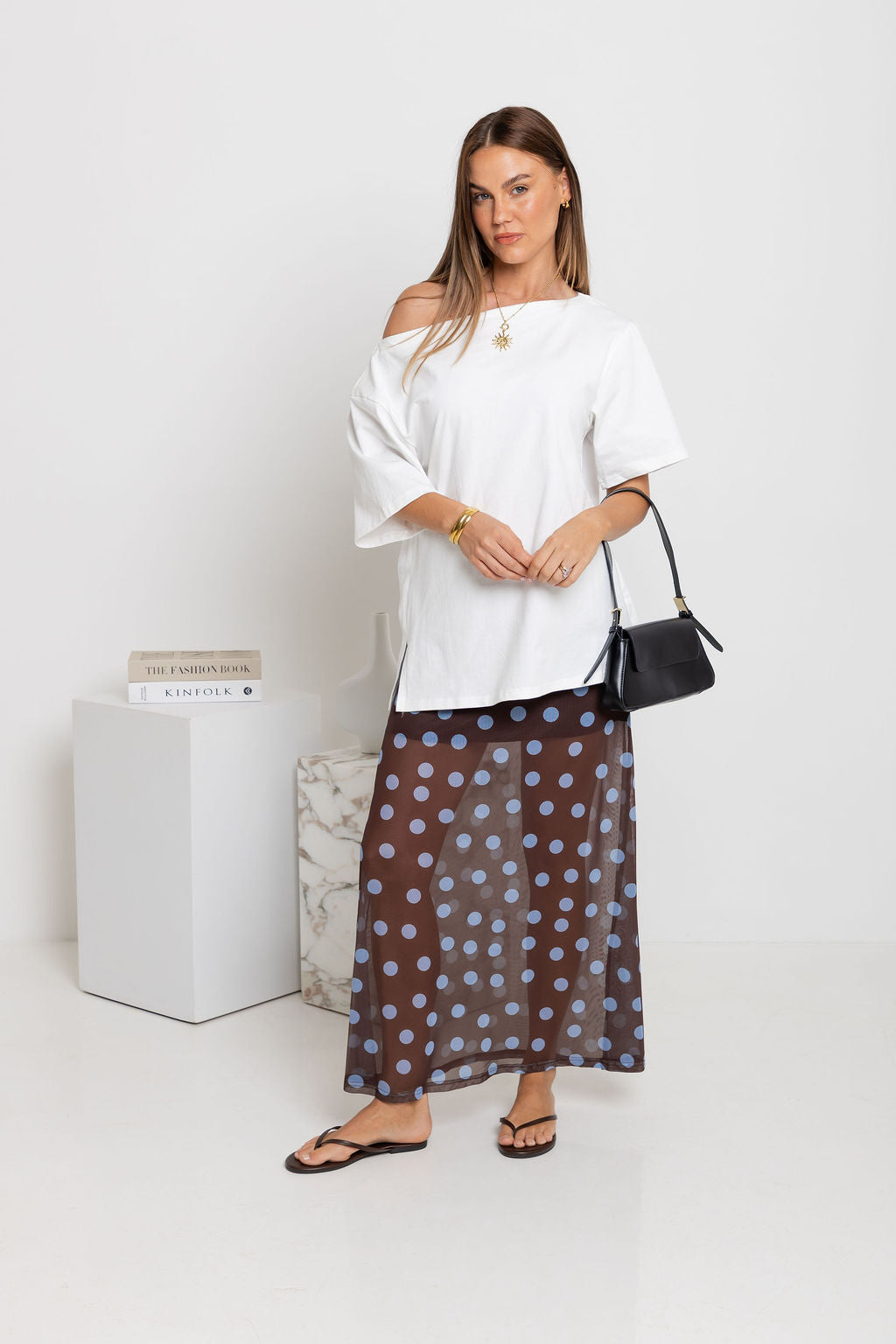 Evie Polka Dot Maxi Skirt - Choc and Blue