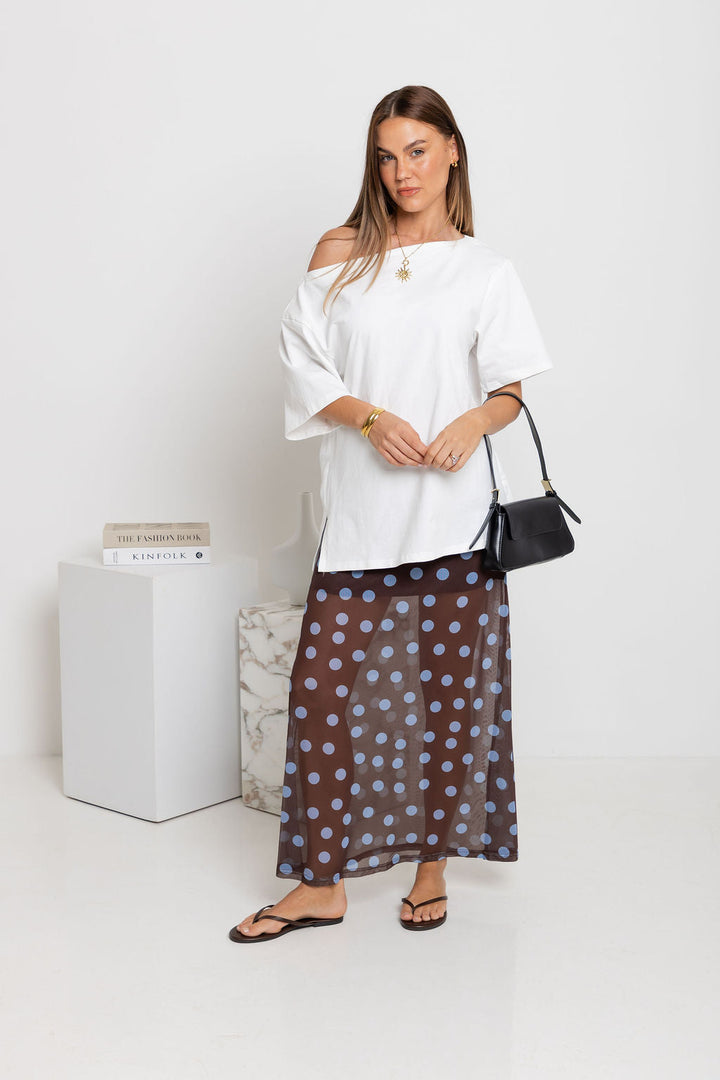 Evie Polka Dot Maxi Skirt - Choc and Blue