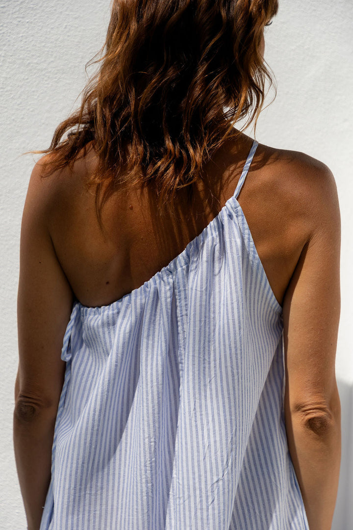 Clara One-Shoulder Maxi Dress - White and Blue Stripe