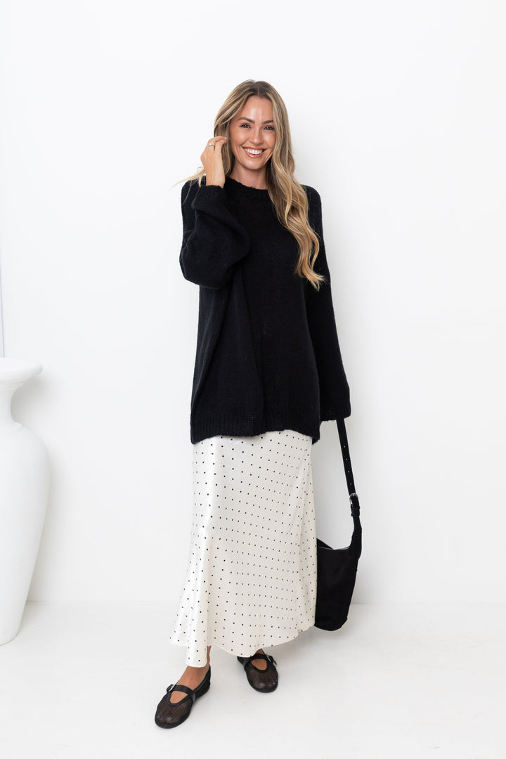 Vienna Satin Midi Skirt - Ivory / Black Polka Dots