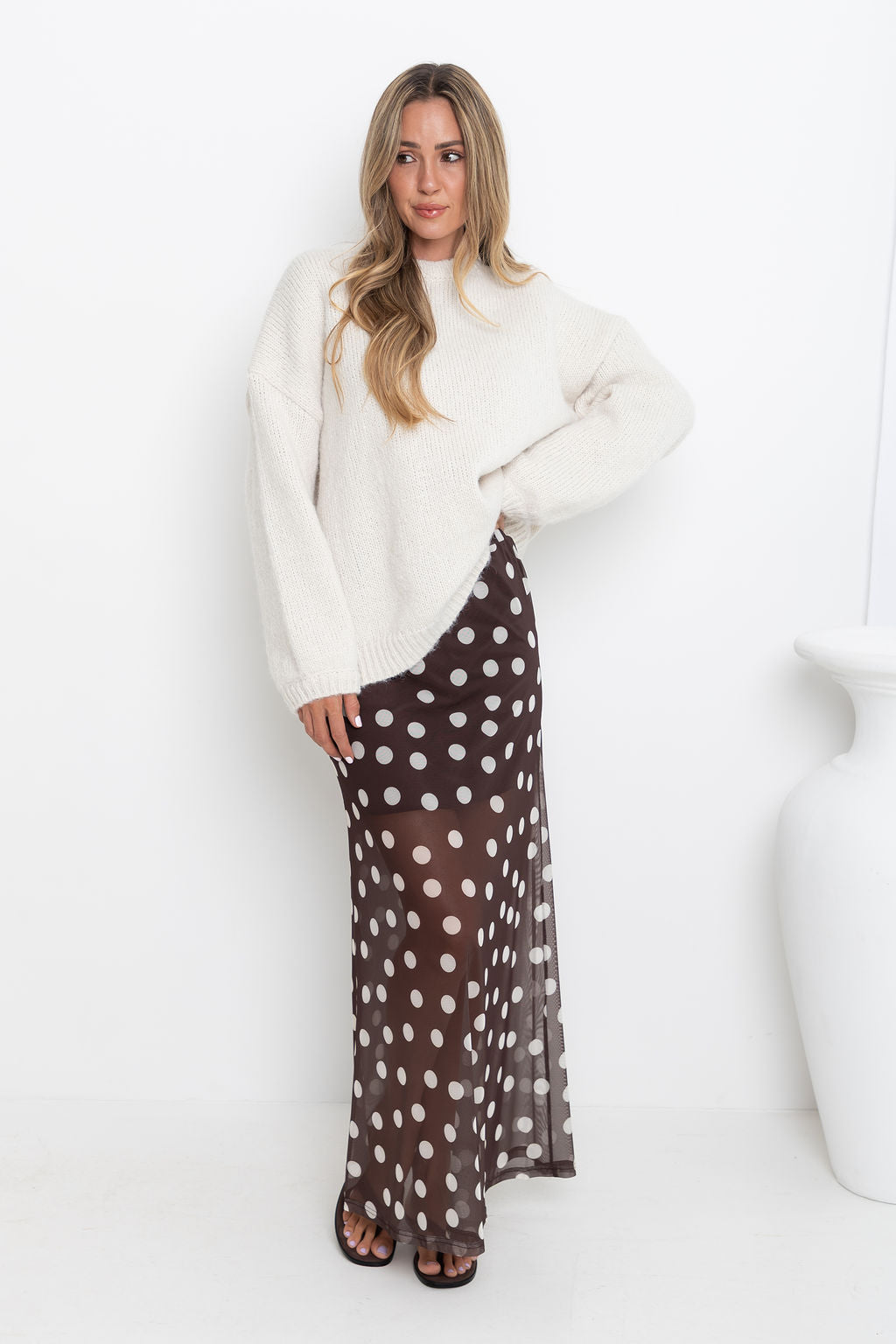 Evie Polka Dot Maxi Skirt - Chocolate and White