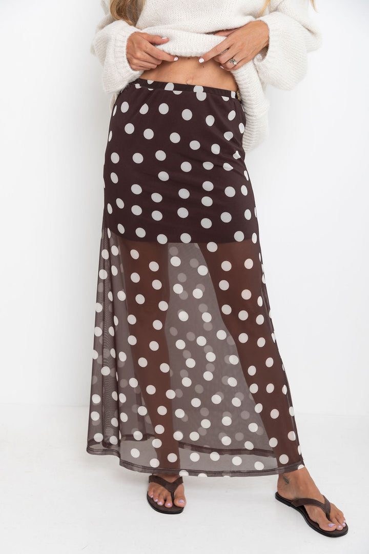Evie Polka Dot Maxi Skirt - Chocolate and White