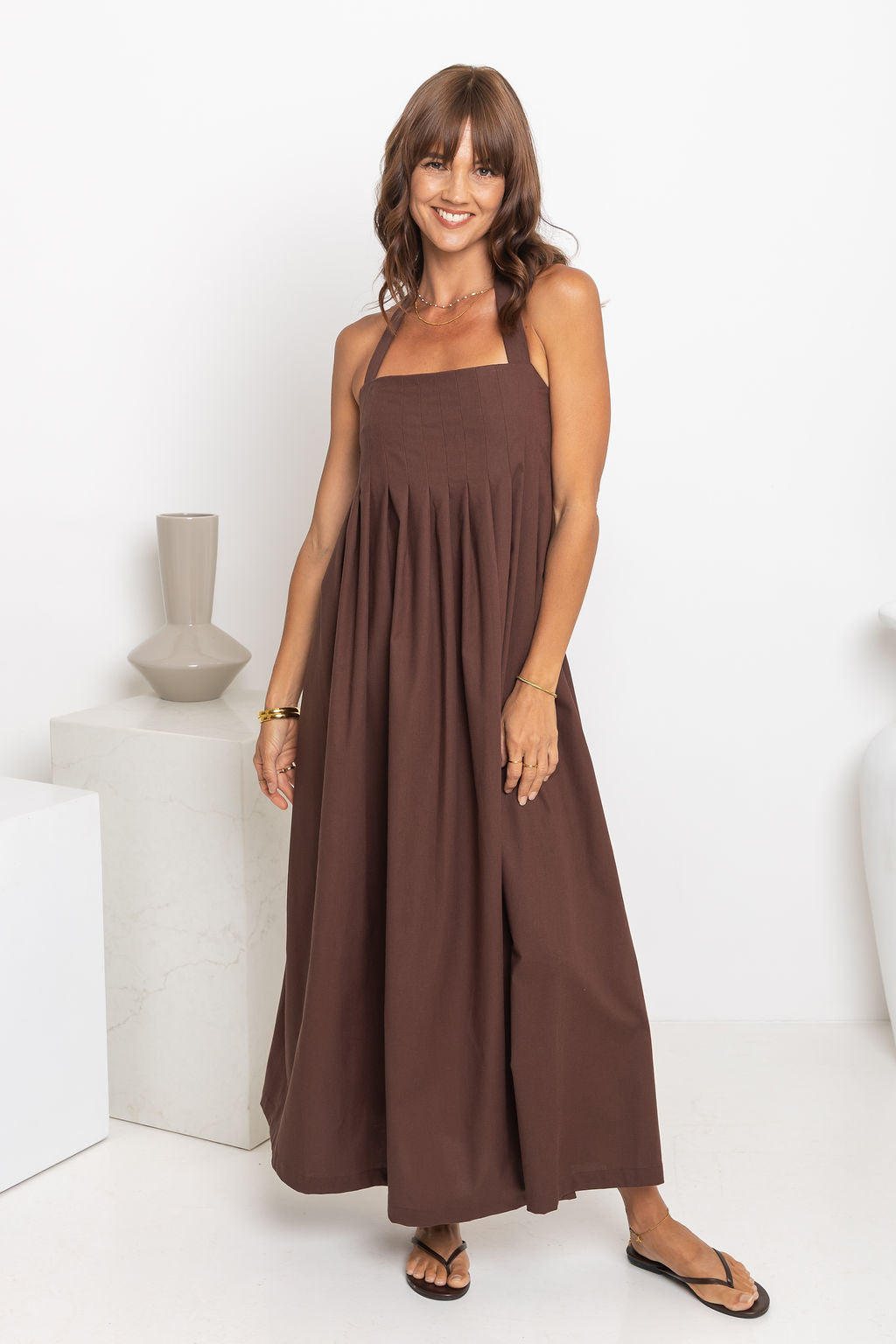 Billie Pleated Halter Maxi Dress - Chocolate