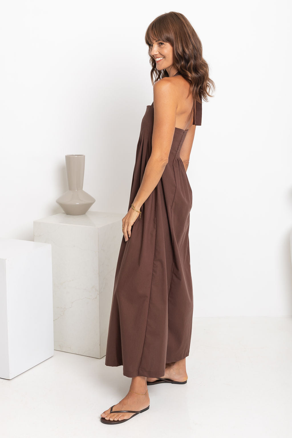 Billie Pleated Halter Maxi Dress - Chocolate