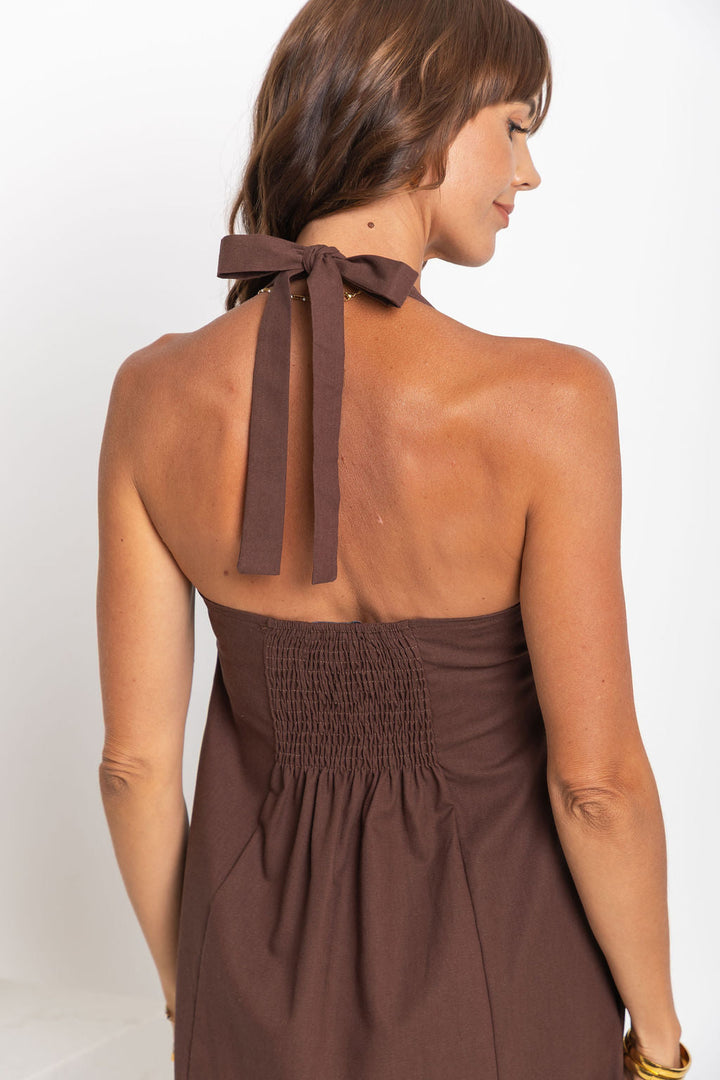 Billie Pleated Halter Maxi Dress - Chocolate