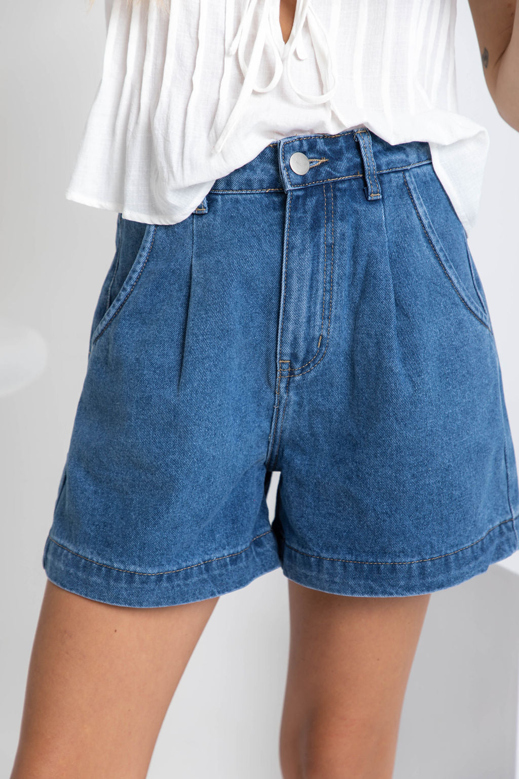 Reuben High-Rise Denim Shorts - Dark Blue Wash - The Self Styler