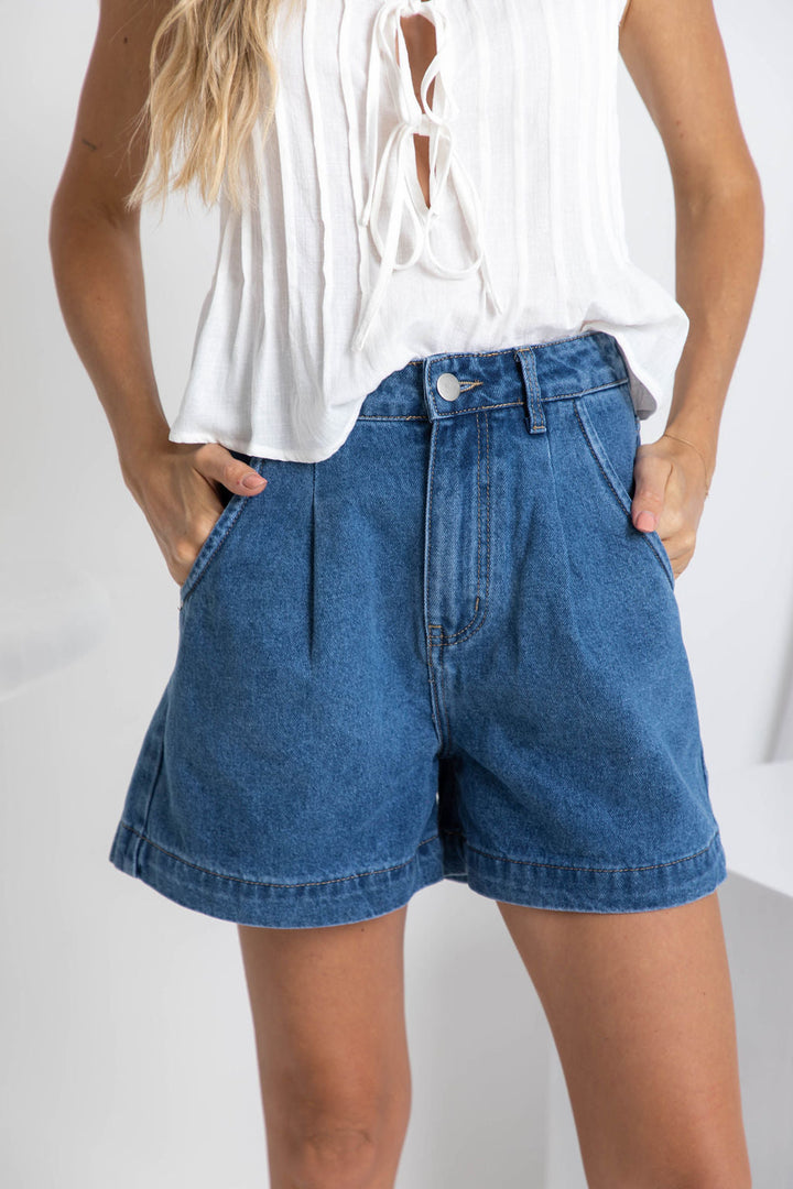 Reuben High-Rise Denim Shorts - Dark Blue Wash - The Self Styler
