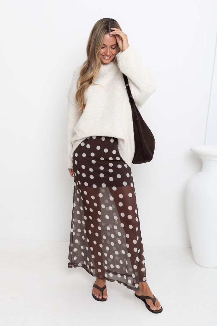 Evie Polka Dot Maxi Skirt - Chocolate and White