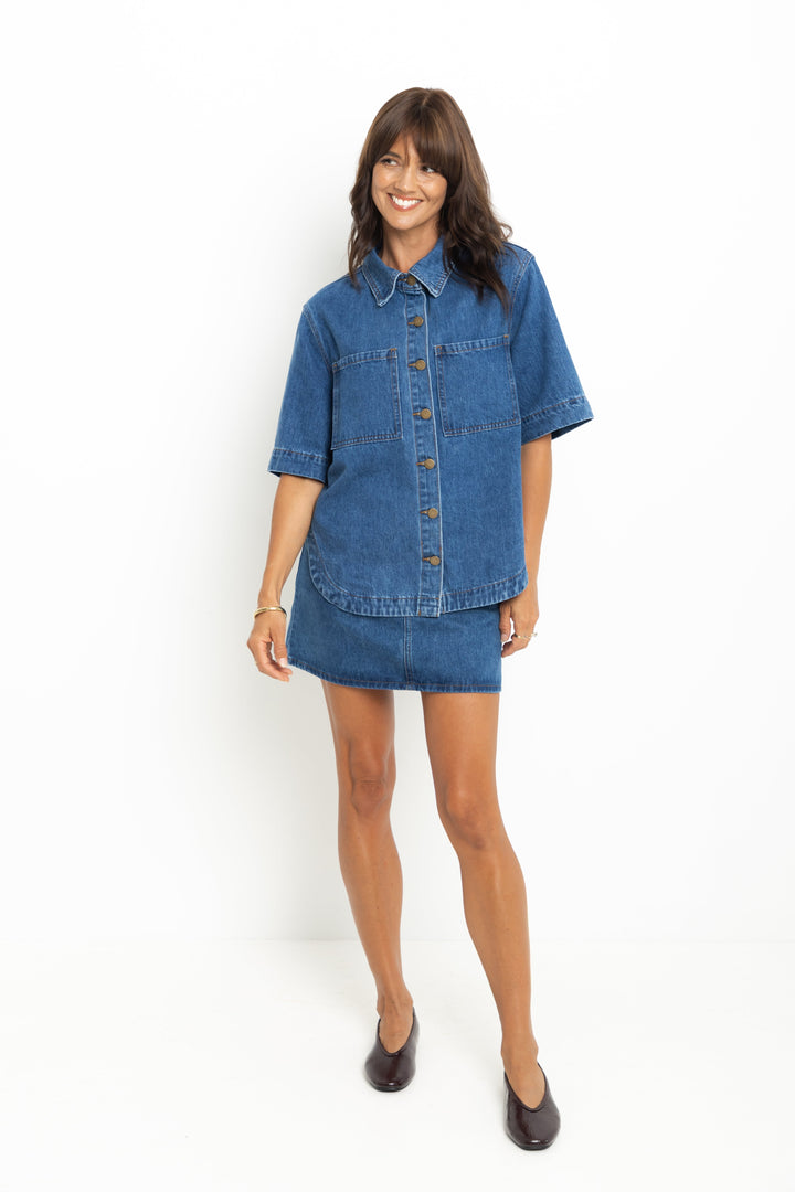 Dylan Denim Mini Skirt - Mid Blue Wash - The Self Styler Exclusive