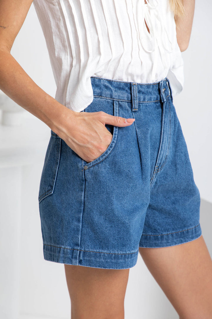 Reuben High-Rise Denim Shorts - Dark Blue Wash - The Self Styler