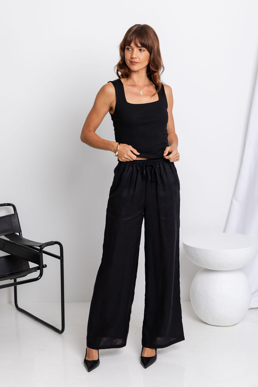 Tahlia Straight-Leg Linen Pants - Black