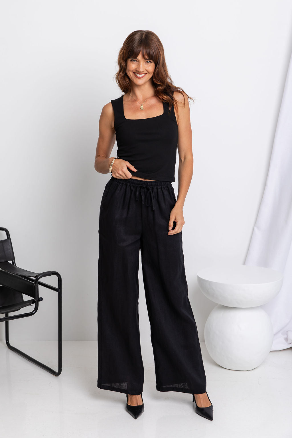 Tahlia Straight-Leg Linen Pants - Black