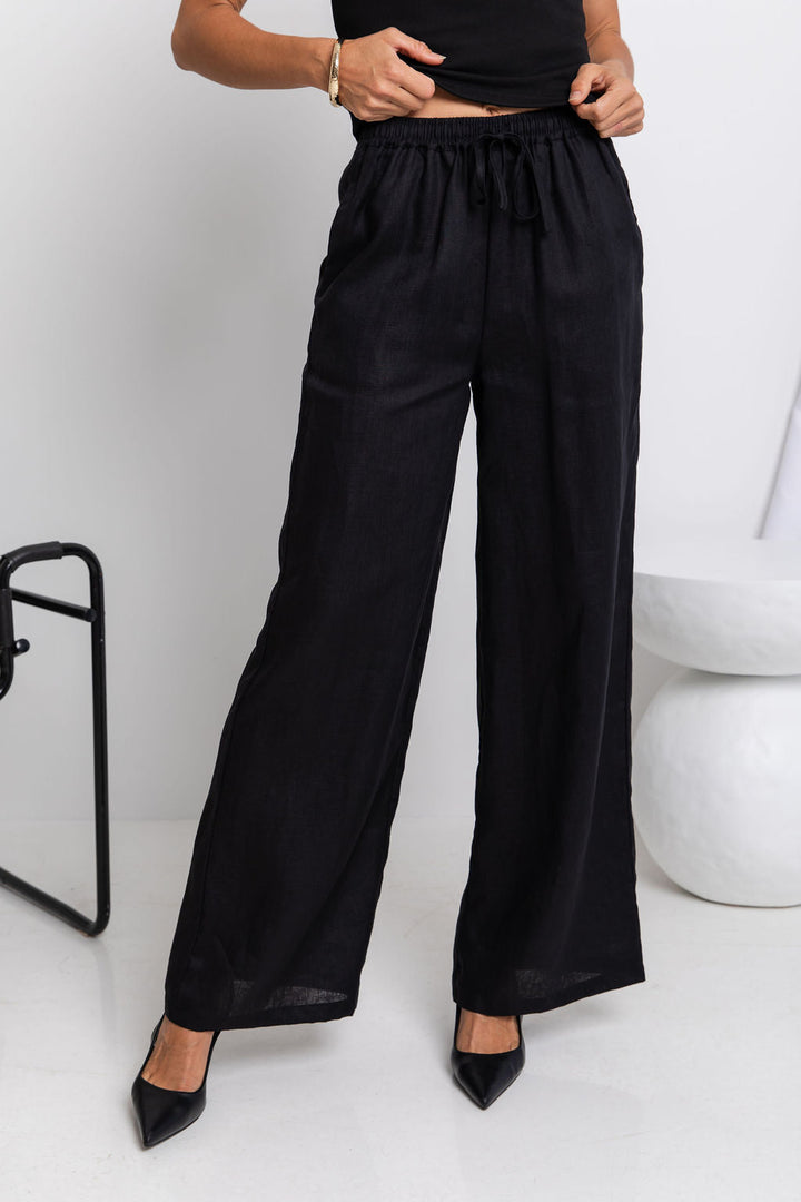 Tahlia Straight-Leg Linen Pants - Black