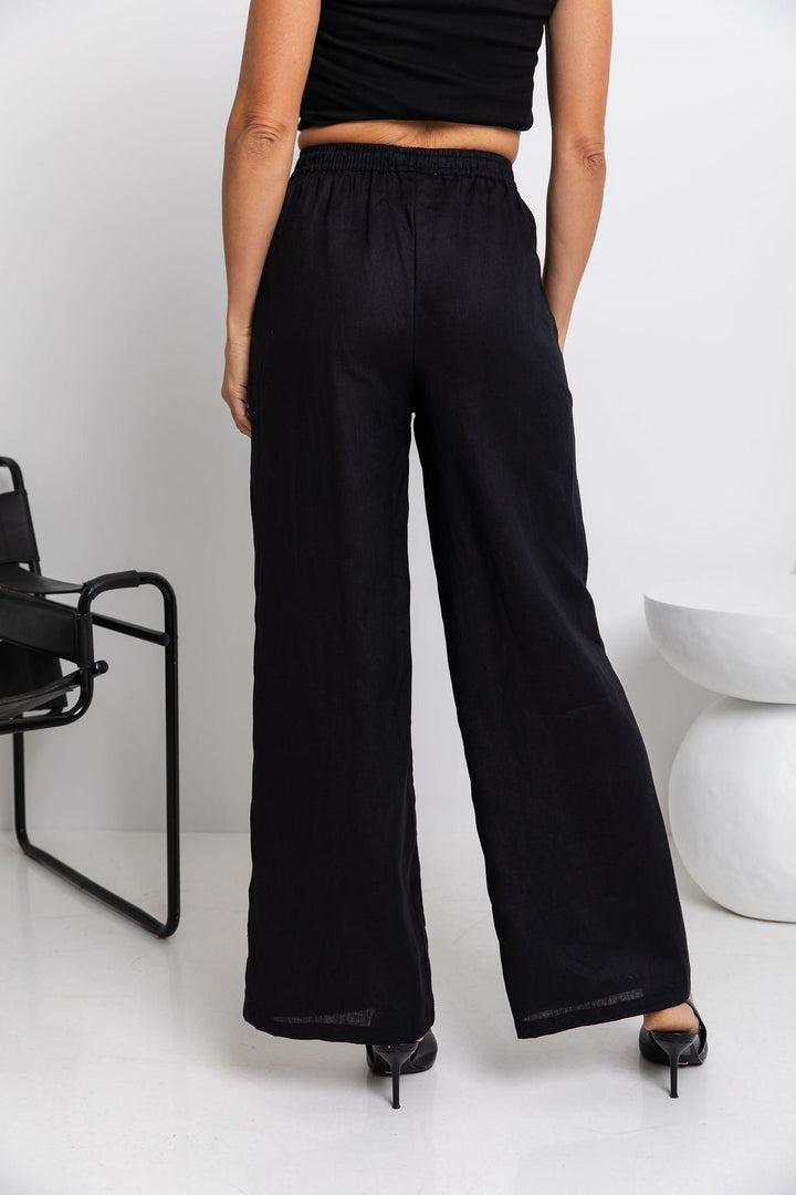 Tahlia Straight-Leg Linen Pants - Black