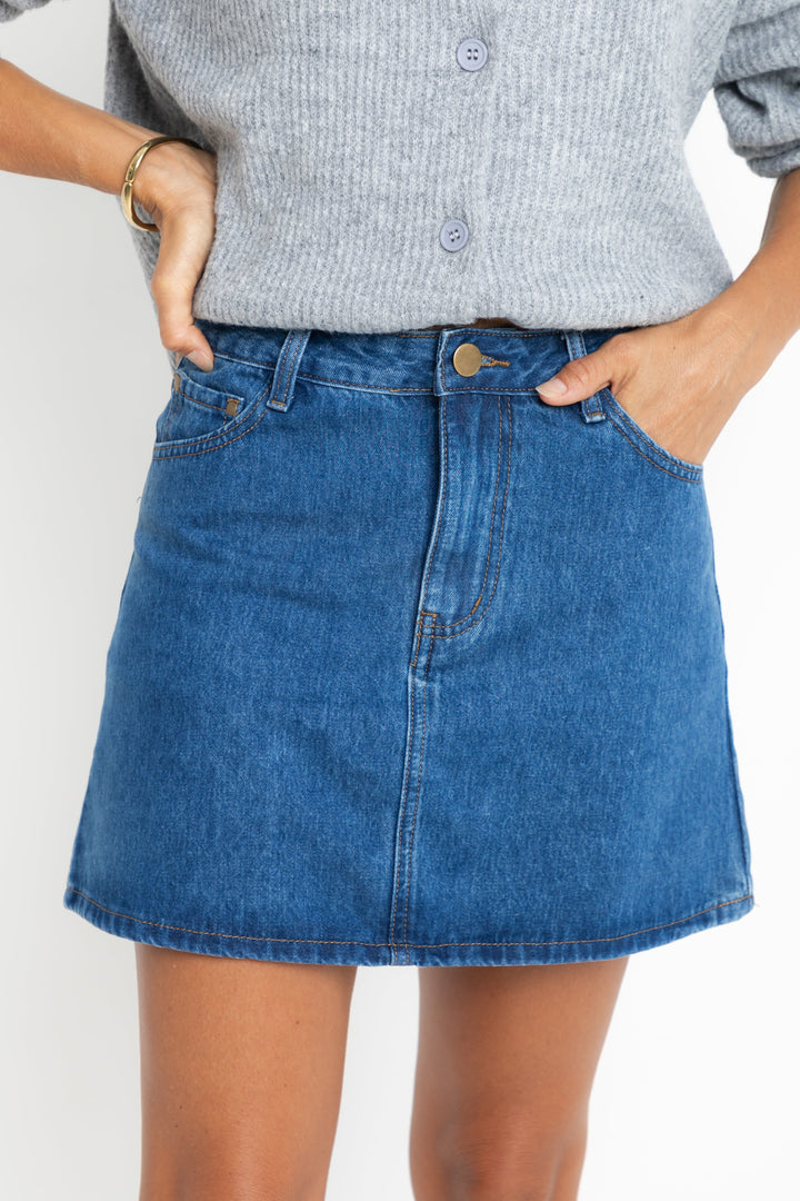 Dylan Denim Mini Skirt - Mid Blue Wash - The Self Styler Exclusive