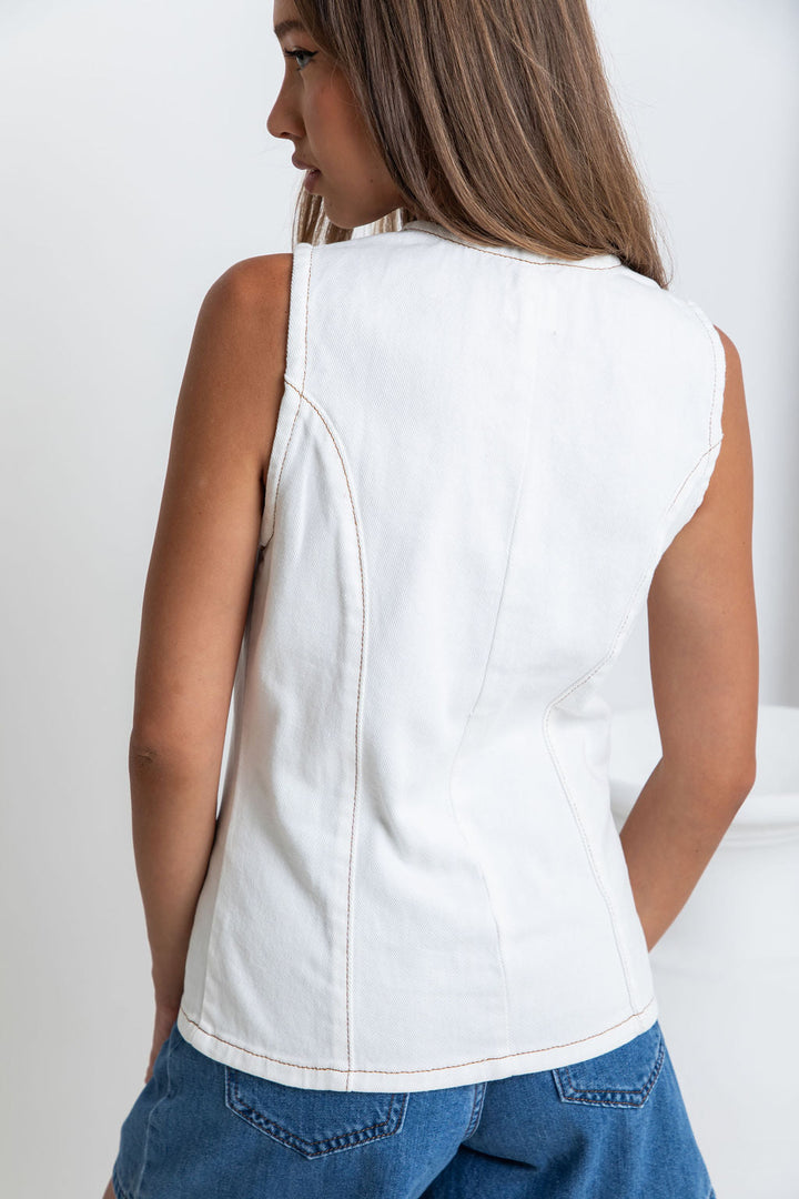 Atlas Denim Vest Top - Ivory White