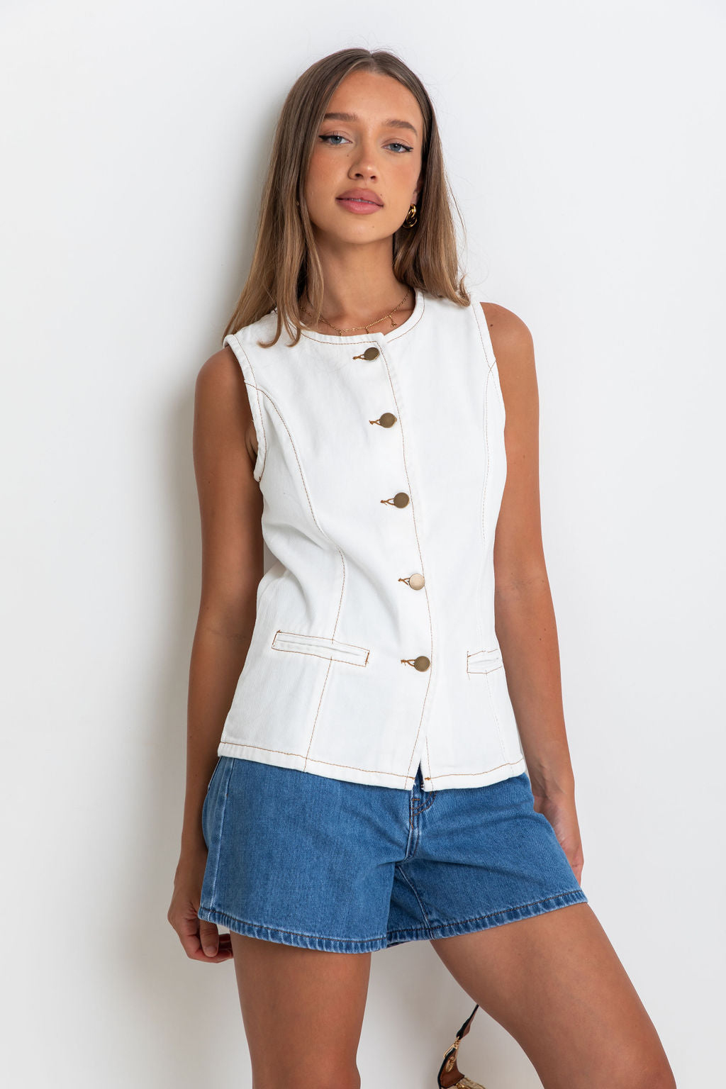 Atlas Denim Vest Top - Ivory White
