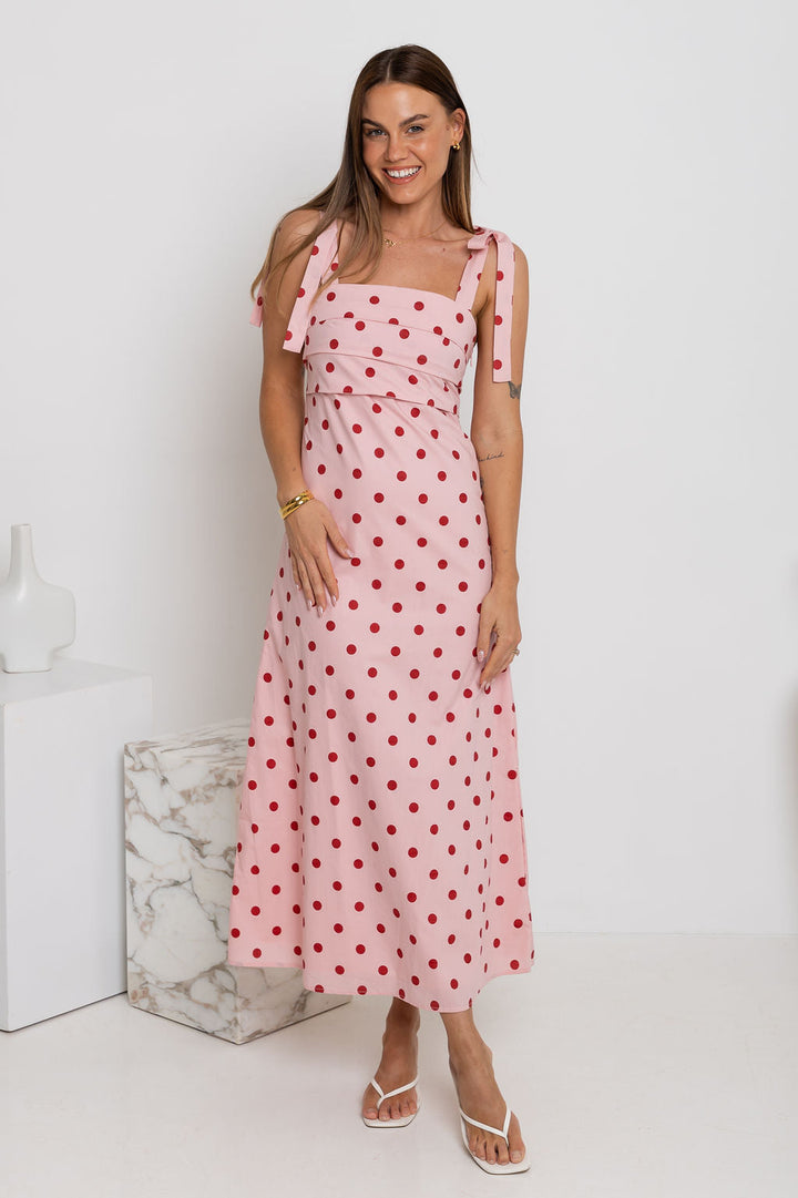 Rosie Midi Dress - Pink and Red Polka Dot