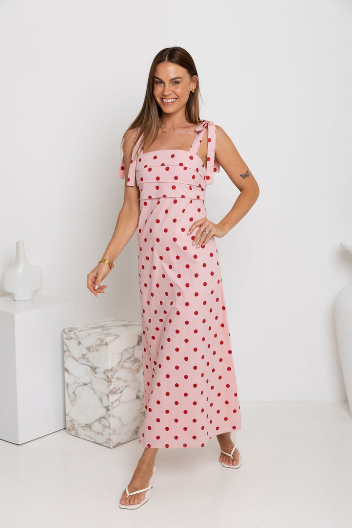 Rosie Midi Dress - Pink and Red Polka Dot