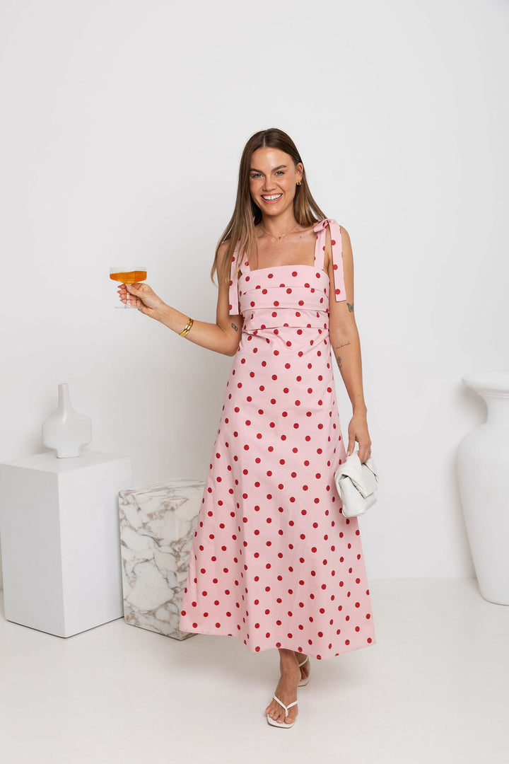 Rosie Midi Dress - Pink and Red Polka Dot