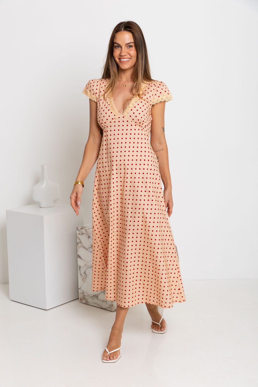 Valentina Polka Dot Maxi Dress - Cream and Red