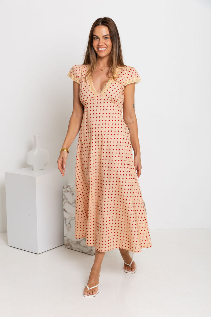 Valentina Polka Dot Maxi Dress - Cream and Red
