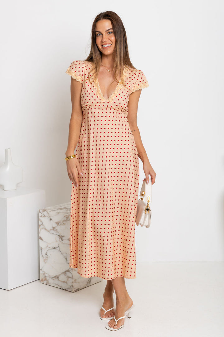 Valentina Polka Dot Maxi Dress - Cream and Red