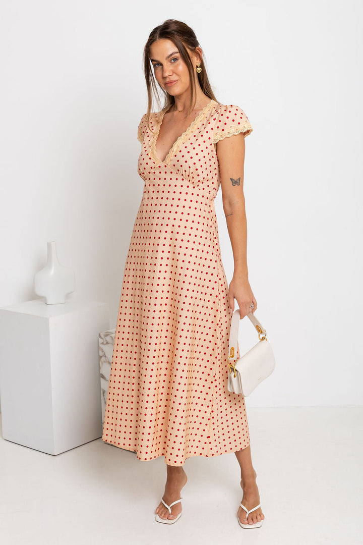 Valentina Polka Dot Maxi Dress - Cream and Red
