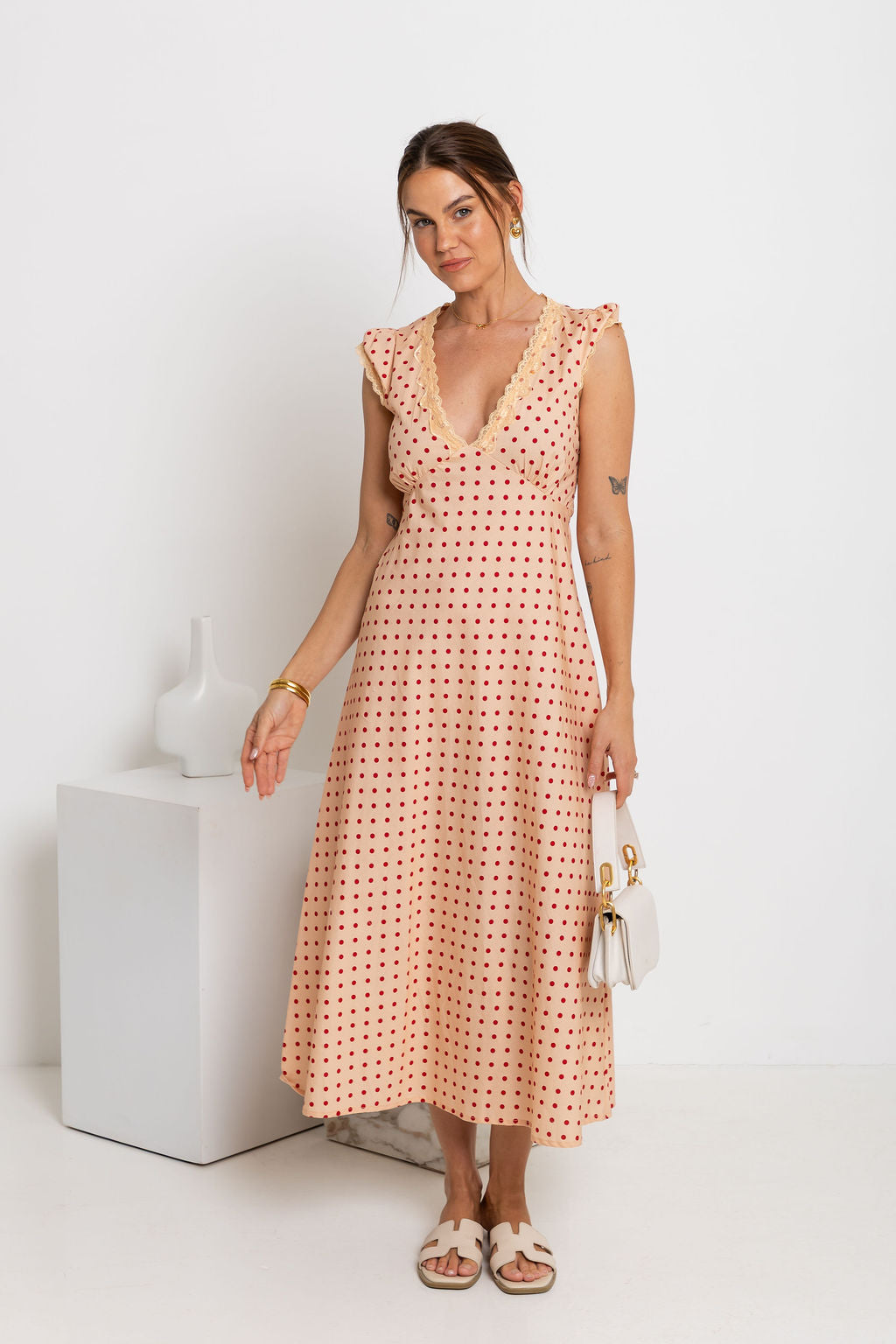 Valentina Polka Dot Maxi Dress - Cream and Red