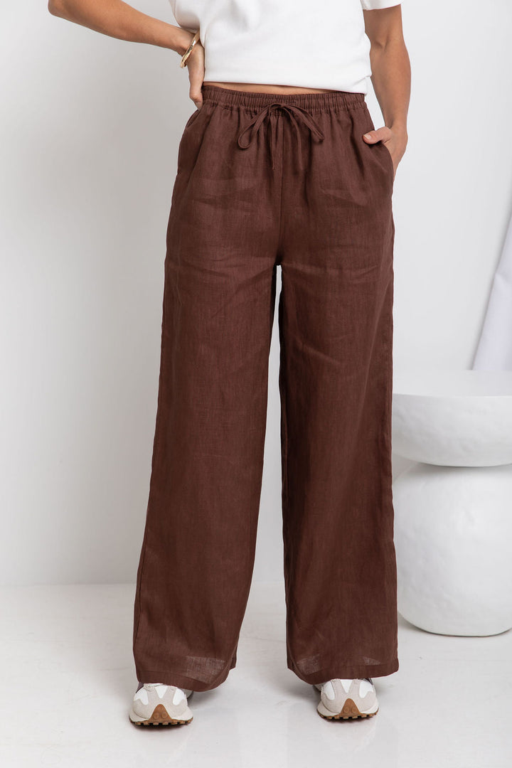 Tahlia Straight-Leg Linen Pants - Chocolate