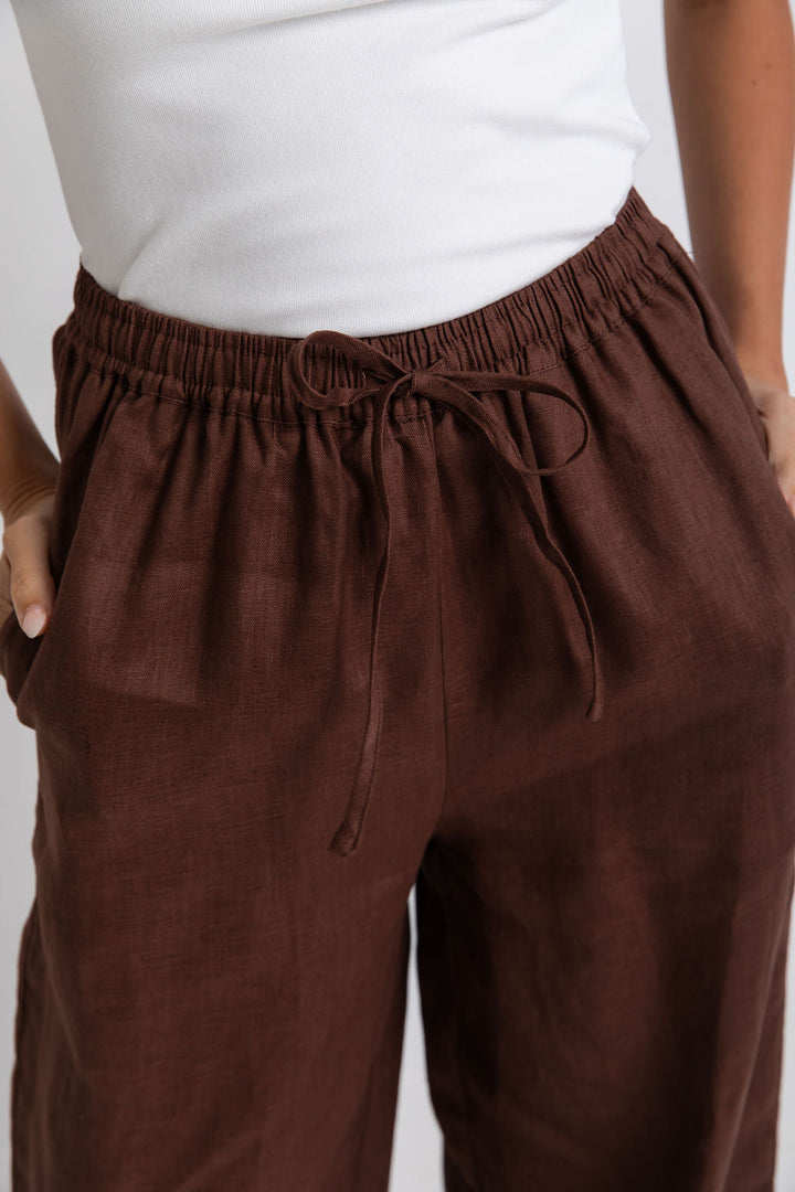 Tahlia Straight-Leg Linen Pants - Chocolate