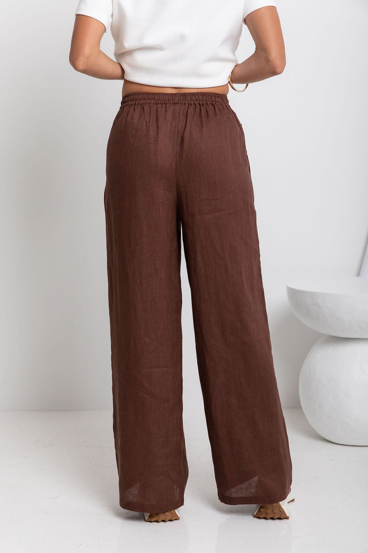 Tahlia Straight-Leg Linen Pants - Chocolate