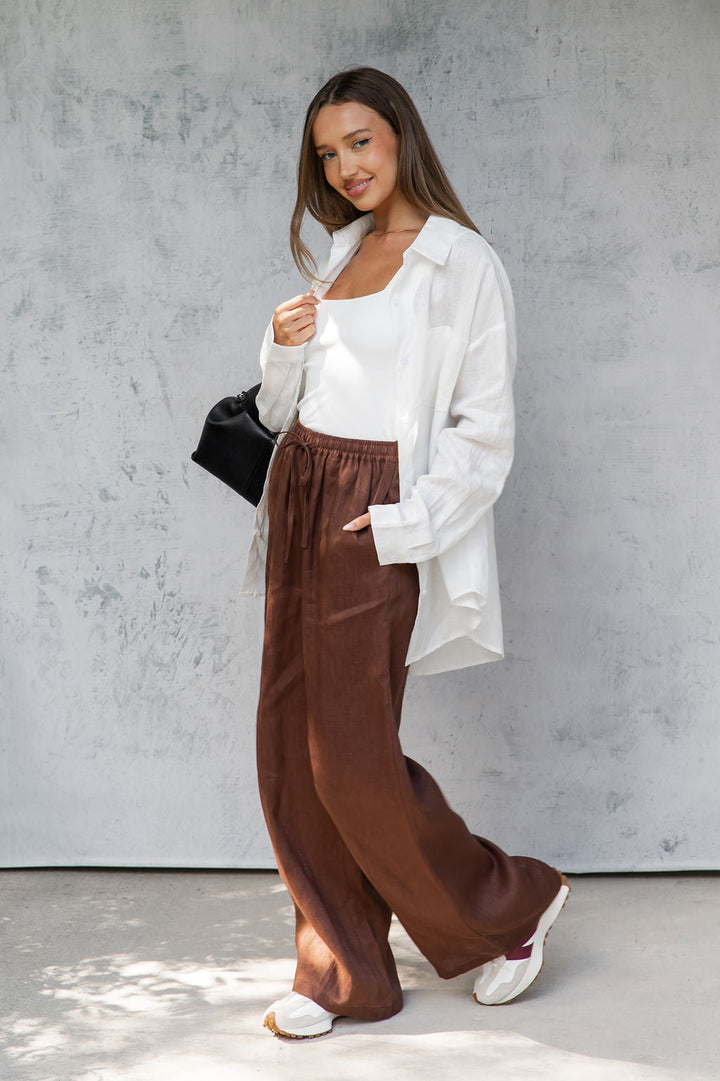 Tahlia Straight-Leg Linen Pants - Chocolate